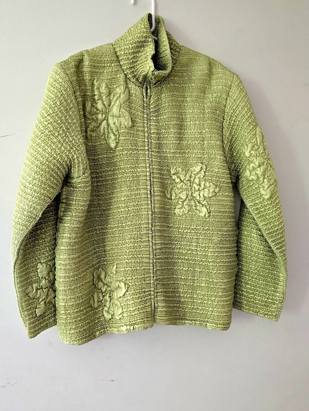Light Green Quilted Floral Zip Jacket